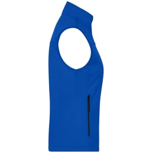 A blue ladies softshell vest with a zippered pocket, featuring a sleeveless design and a collar.