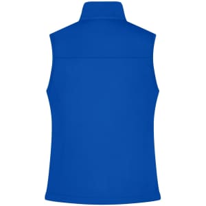 A blue ladies softshell vest featuring a collar and a logo on the back.