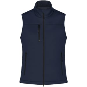 A navy softshell vest with a high collar, featuring zippered pockets and a branded logo.