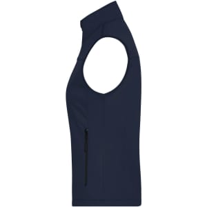 A navy softshell vest with a high collar and a zippered pocket on the side. It features a branding logo.