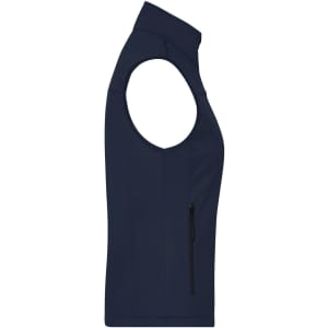 A navy blue softshell vest featuring a side zip pocket and no sleeves. It has a minimalist design.