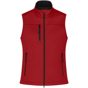 A red ladies softshell vest with a high collar and three zip pockets, featuring a logo on the upper left side.