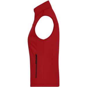 A red ladies softshell vest with a zippered pocket, featuring an armhole design and a high neck.