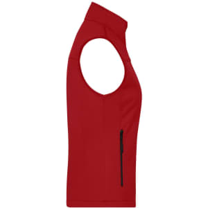 A red ladies softshell vest featuring a zippered pocket and a sleeveless design. It has a logo on the fabric.