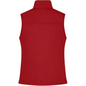 A red ladies softshell vest featuring a zip-up collar and a smooth back design, with a branding logo.