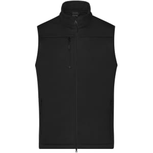 A black men's softshell vest with a zip front, high collar, and side pockets. Features a branding logo.