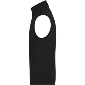 A black men's softshell vest with a high collar and a zippered side pocket. It features a sleek, modern design.