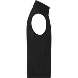 A black men's softshell vest featuring a high collar and a side zip pocket, with a logo on it.