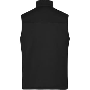 A black men's softshell vest with a high collar and no sleeves. It features a logo on the back.
