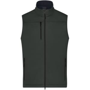 A men's softshell vest in dark green, featuring a zippered front and side pockets, with a logo present.