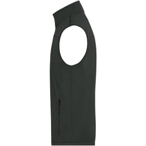 A men's softshell vest in dark green with a side zip pocket and a sleek, sleeveless design.