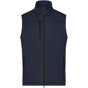 A navy softshell vest featuring a high collar and multiple zippered pockets, with a logo on the chest.
