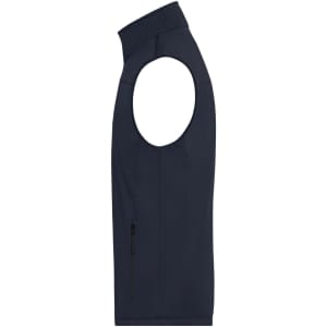A men's softshell vest in navy, featuring a zippered pocket and sleeveless design. It has a logo on the front.
