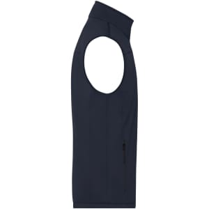 A navy blue men's softshell vest with a high collar and side zip pocket. Features a simple design and logo.