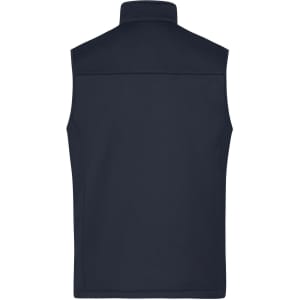 A navy blue men's softshell vest with a high collar and back view, featuring a logo.