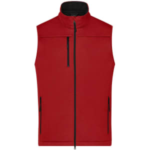 A red men's softshell vest features a zippered front and pockets, with contrasting black zippers.