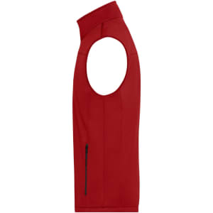 A red men's softshell vest featuring a high collar and a side zip pocket, with an overall sleek design.