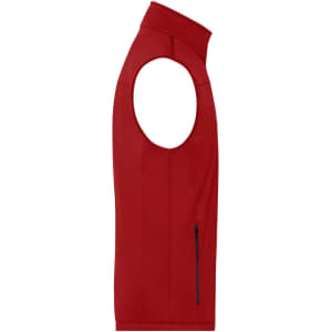 A red men's softshell vest with a high collar and a zip pocket on the side, featuring a logo.