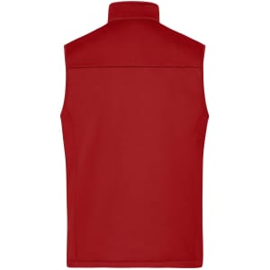 A red softshell vest featuring a high collar and a logo on the back.