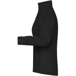 A black ladies softshell jacket featuring a high collar and long sleeves, with a zippered pocket on the side.