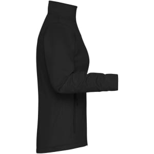 A ladies softshell jacket in black, featuring a high collar and zippered pockets. The jacket has a logo on it.