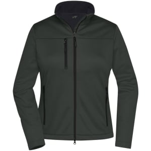 A softshell jacket in dark green with a zip front, zippered pockets, and a high collar. Features a logo.