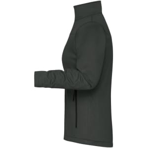 A charcoal grey softshell jacket with a high collar and zippered pockets, featuring a logo on the chest.