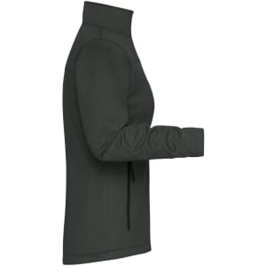 A softshell jacket in dark green, featuring a high collar and zippered pockets, with a logo on the chest.