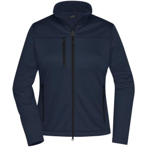 A ladies' softshell jacket in navy, featuring a zip front and multiple zippered pockets. It has a logo on the front.