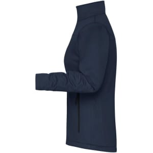 A navy ladies softshell jacket featuring a high collar and zippered pockets, with a fitted design.