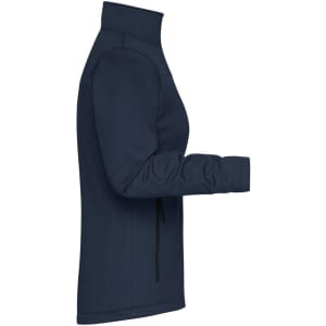 A navy blue ladies softshell jacket with a zippered pocket and a high collar. Features branding on the fabric.