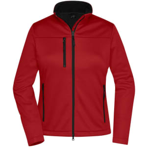 A red ladies softshell jacket with a high collar and zippered pockets, featuring a logo on the chest.