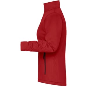 A red ladies softshell jacket with a high collar and zippered pockets, featuring a logo on it.
