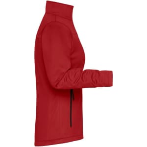 A red ladies softshell jacket displayed from the side, featuring a zippered pocket and a high collar.