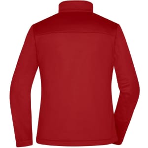 A red ladies softshell jacket featuring a high collar and a smooth finish. It includes a branding logo on the back.