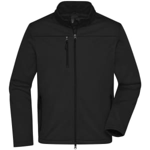 A men's softshell jacket in black with a zippered front and multiple pockets, featuring a logo.