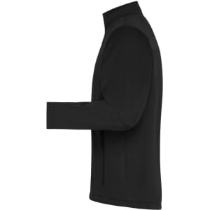 A black men's softshell jacket with a high collar and a side zip pocket, featuring a smooth outer texture.