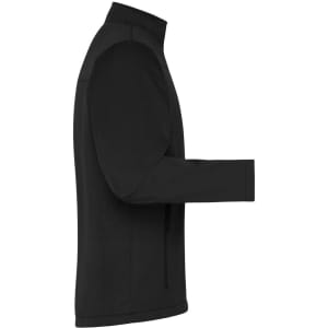 A black men's softshell jacket displayed from the side, featuring a sleek design and a logo on the chest.