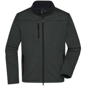 A men's softshell jacket in dark green with zippered pockets and a high collar. It features a branding logo.