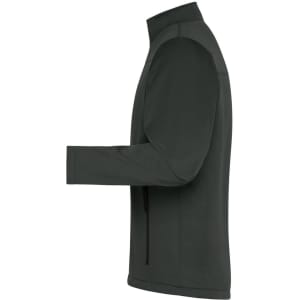 A men's softshell jacket in dark green, featuring a stand-up collar and a side view of the design. It has a logo.