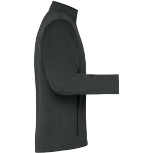 A dark green men's softshell jacket displayed from the side, featuring a sleek design and a zippered pocket.