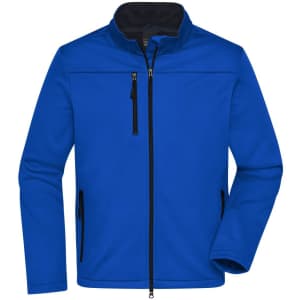 A blue men's softshell jacket with a zip front, featuring black accents and pockets. It has a logo on the chest.