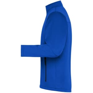 A blue men's softshell jacket with a high collar and a side zip pocket, featuring a logo on the sleeve.