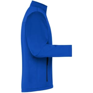 A blue softshell jacket featuring a zippered pocket and a logo. The jacket has a sleek, modern design.