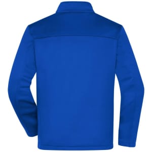A blue men's softshell jacket, featuring a collar and a smooth back design, with a logo on the upper section.