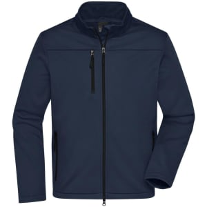 A navy men's softshell jacket featuring a zip front and two side pockets, with a collar and a logo.