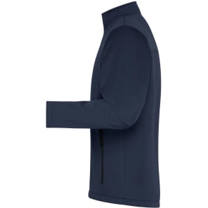 A navy blue men's softshell jacket featuring a side view, with a sleek design and a logo on it.