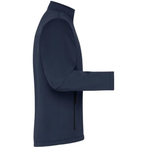 A men's softshell jacket in navy blue, featuring a sleek design and a side zip pocket, with branding visible.