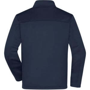 A navy men's softshell jacket with a high collar and a smooth finish, featuring a logo on the back.