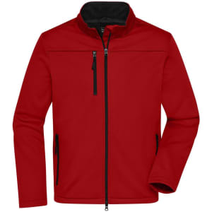 A red softshell jacket featuring a zippered front and side pockets, with a contrasting black interior and branding.